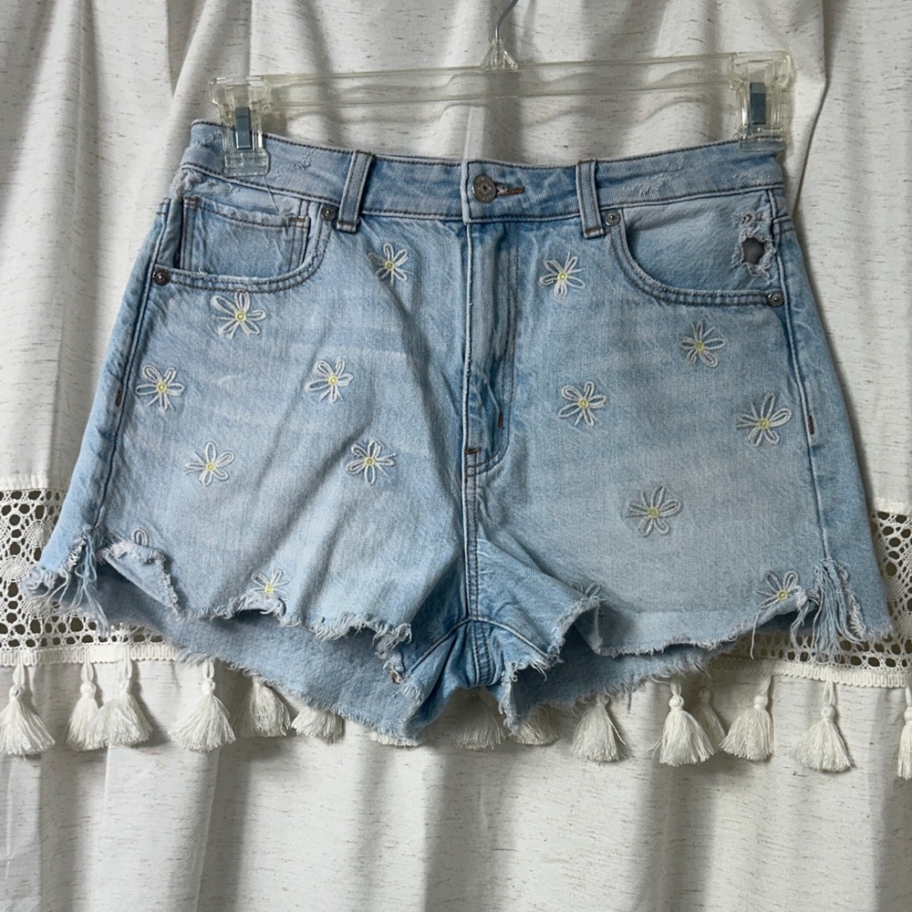 American Eagle Outfitters Light Blue Daisy Embroidered Denim Shorts